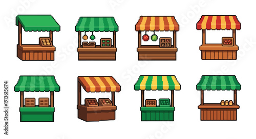 Eight pixel art market stalls featuring various awning colors and displayed goods are presented, suitable for game assets or graphic design.
