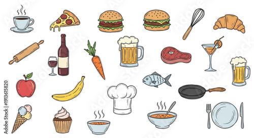 Collection of assorted food and drink illustrations on white background.