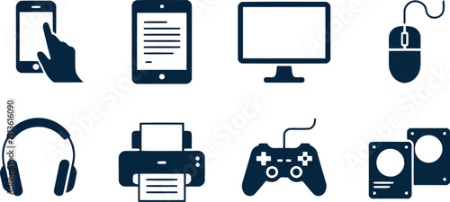 A diverse set of dark blue digital device icons representing modern computer and audio peripherals