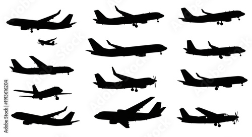 Collection of Airplane Silhouettes Isolated on White Background.