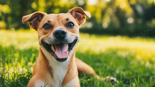 Happy dog sitting on green grass in park with open mouth and tongue out looking directly at camera with floppy ears and sunny background