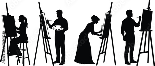 Black silhouette set of male and female artists painting on easels, painters in various poses, creative studio isolated vector illustration.