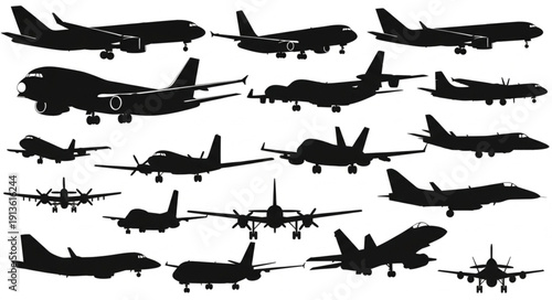 Collection of Airplane Silhouettes Various Aircraft Types.
