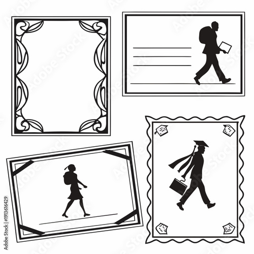 A set of four black and white postcard templates with people walking