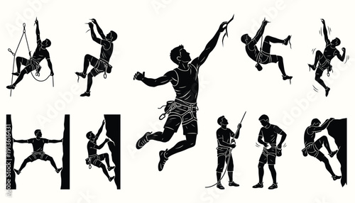 Rock Climbing Silhouettes Vector Set: Dynamic Climber Poses and Actions