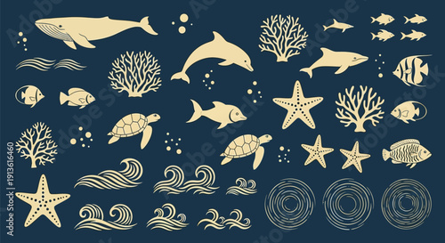 A collection of stylized marine life illustrations featuring whales, dolphins, fish, turtles, starfish, coral, and ocean waves on a dark blue background.