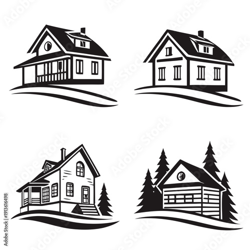 Four different house styles with trees and garage