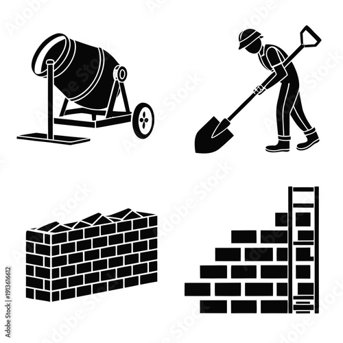 Construction icons including worker cement mixer bricks and ladder
