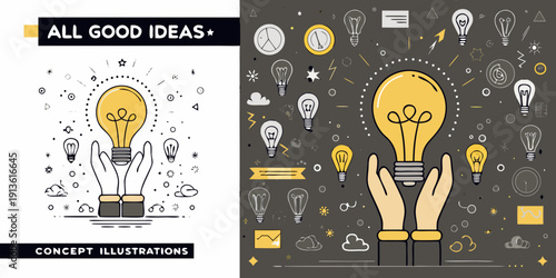 Creative concept illustration featuring lightbulbs hands and idea related icons