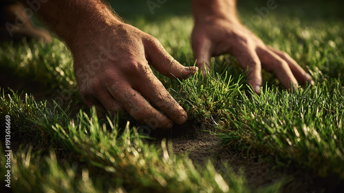Hands in Earth: A man tenderly touches the soft, vibrant green grass of a meticulously tended lawn, revealing the close connection between human touch and nature's embrace.