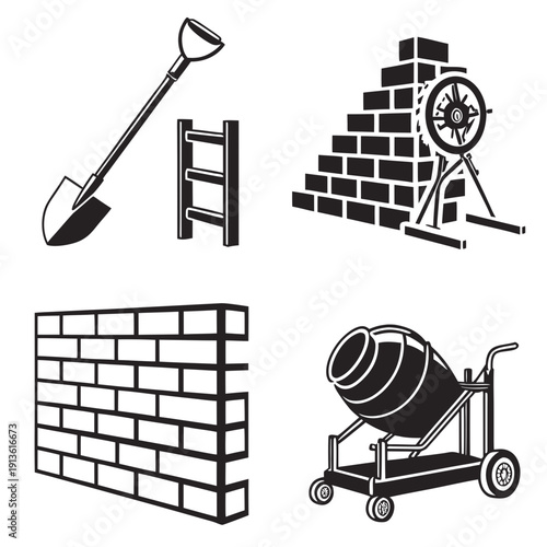 Construction tools and materials for building a brick wall