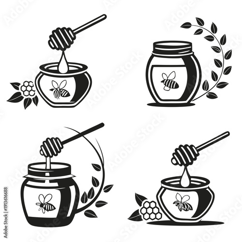 Four black and white drawings of honey jars and dipper