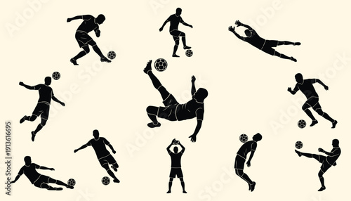 Dynamic Soccer Player Silhouettes Vector Set on Vintage Background