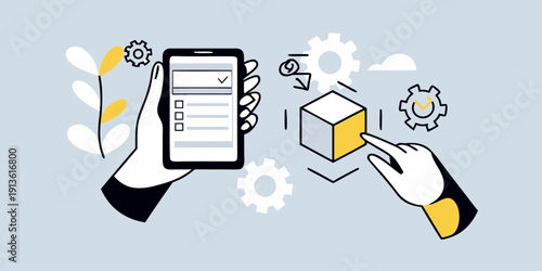 Digital task management interface with hands interacting with a cube
