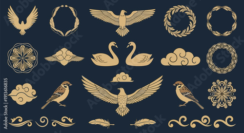 Elegant golden vector illustrations of eagles, swans, sparrows, clouds, wreaths, and ornate decorative elements on a dark blue background.