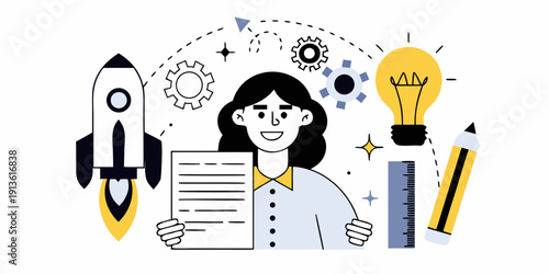 A woman surrounded by symbols of innovation ideas and project planning