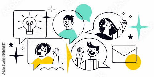 Illustration of people collaborating and sharing ideas online with bright colors