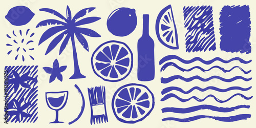 Blue doodle collection featuring citrus fruits palm trees and summer elements