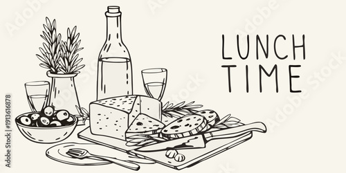 A sketch of lunch items including cheese olives and a bottle