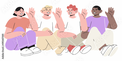 Diverse group of people waving with cheerful expressions and casual attire