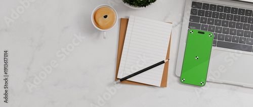 Photos Flay lay, Top view office desk with green screen mobile phone, laptop, coffee, p