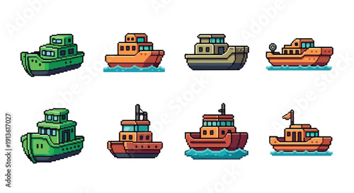 A collection of eight pixel art style boats, including various tugboat designs, rendered in vibrant colors on a white background.