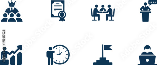 A group of business people follow their crowned leader in a conceptual visual representation of hierarchy