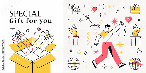 A colorful illustration depicting gifts celebration and a joyful person