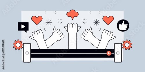 Social media engagement illustration with hands reaching for likes and views
