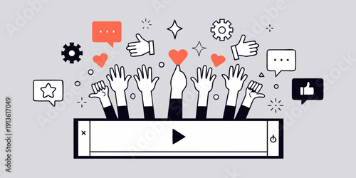 Social media engagement with hands reaching from a smartphone screen