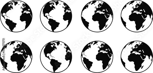 A grid of eight black and white stylized earth globes shows different global rotations on a simple white background