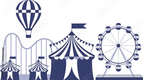 Amusement park scene with roller coaster Ferris wheel and circus tents theme park carnival