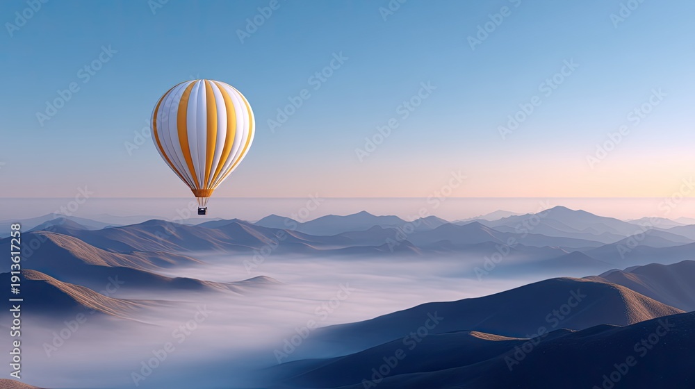 Obraz premium Colorful hot air balloon floating over serene mountains and misty valleys at sunrise, showcasing vibrant colors and breathtaking landscapes in nature
