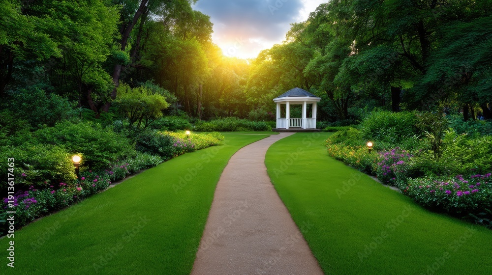 Fototapeta premium Serene Garden Pathway with Gazebo Surrounded by Lush Greenery and Flowering Plants at Sunset in a Peaceful Landscape Setting