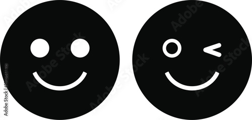 Black circles with white smiley face icons one winking and one with two eyes symbol emoji