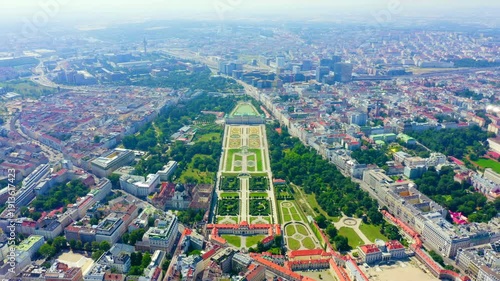 Vienna, Austria. Belvedere is a baroque palace complex in Vienna. Built by Lucas von Hildebrandt at the beginning of the 18th century. Drone footage