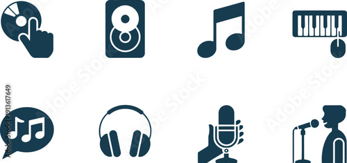 A set of dark blue flat icons illustrating various concepts related to music and audio production