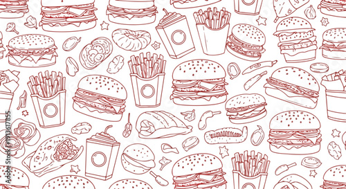 Burger Mania: Bold Red Fast Food Pattern Design
