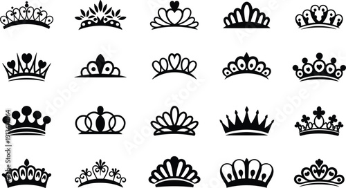 Collection of 20 black silhouette icons of various crowns and tiaras Keywords: crown, tiara, royal, royalty, queen, king