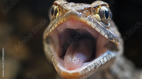 Close up of a snake with its mouth open and tongue flickering out with wildlife and animal and reptile and nature and serpent