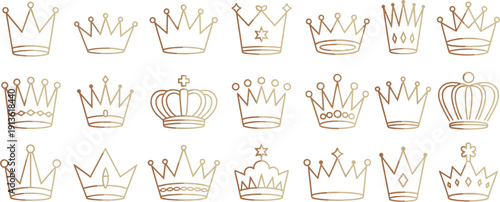 Collection of golden outline crowns in different styles on white background Keywords: crown, golden, gold, outline, icon, symbol