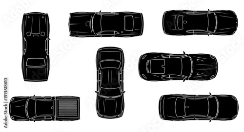 Collection of black cars viewed from above in a top down perspective.