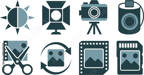 A set of two tone photography and visual media icons featuring cameras and editing symbols