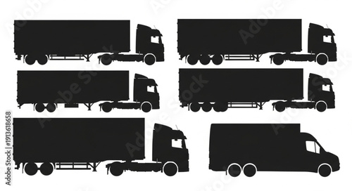 Collection of black semi truck silhouettes for transportation and logistics.