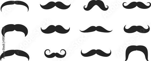 Collection of Twelve Black Mustache Silhouettes on White Background moustache facial hair