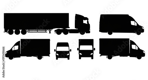 Collection of black silhouette trucks and vans from different angles.