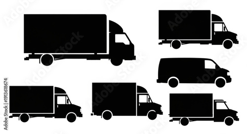 Collection of Black Silhouettes of Delivery Trucks and Vans.