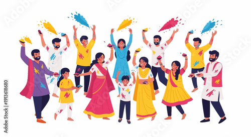 Illustration of people celebrating Holi Festival of Colors with colorful smoke and powder in a vibrant and joyful atmosphere.
