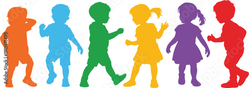 Colorful silhouettes of children playing and dancing in a row on white background Keywords: children, kids, silhouette, colorful