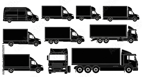 Collection of Black Silhouettes of Various Delivery Trucks.
